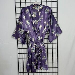 Vintage Inner Most Floral Dressing Gown Robe M/L Purple 80s Satin Travel